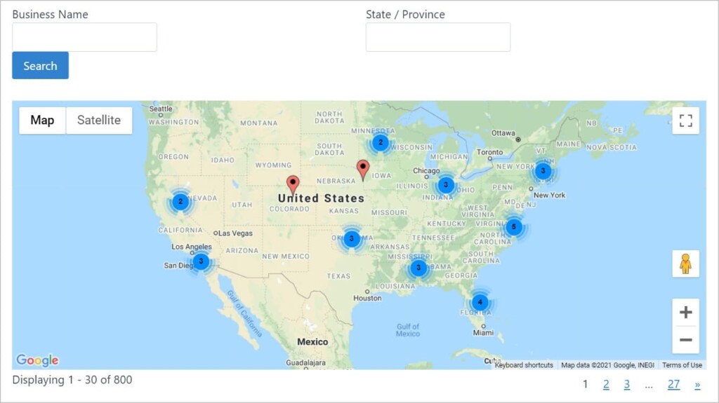 A Google Map of the United States with pins on different locations