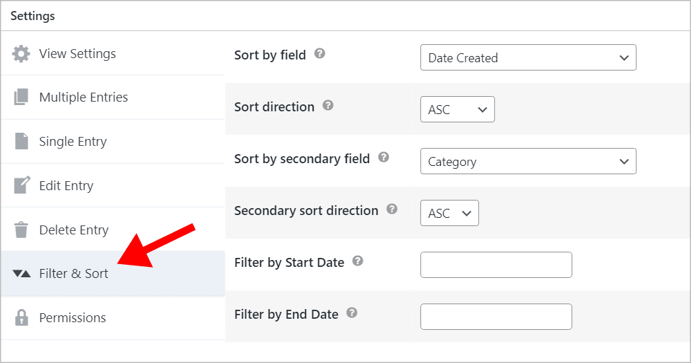 GravityView Filter and Sort settings