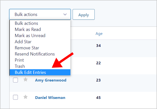 An arrow pointing to the 'Bulk Edit Entries' option in the Bulk actions dropdown menu