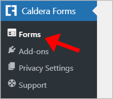 An arrow pointing to the forms links undernearth the Caldera Forms menu item in WordPress