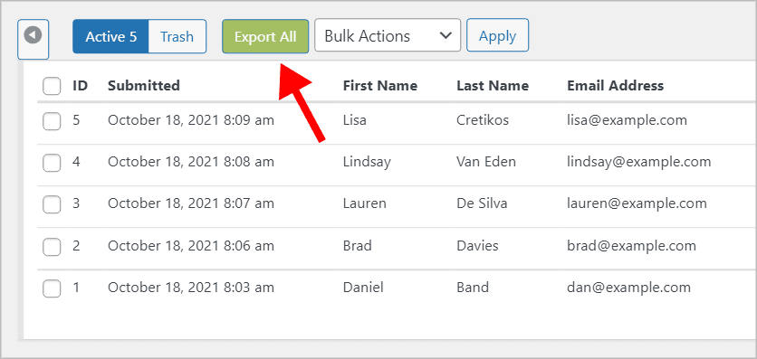 The 'Export All' button above the entries list in Caldera Forms
