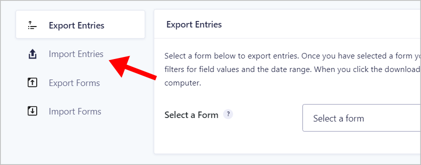 An arrow pointing to the Import Entries tab on the left of the Gravity Forms Import/Export page