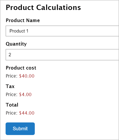 A product calculation form showing the product cost, tax and total amount