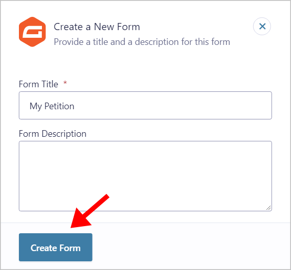 An arrow pointing to the 'Create Form' button in Gravity Forms