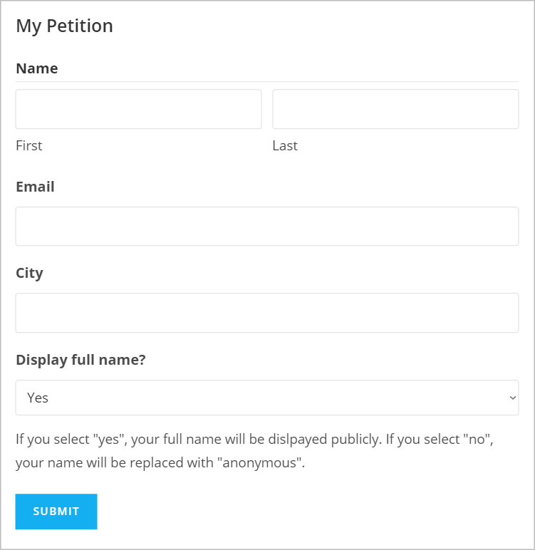 Gravity Forms petition form with fields for name, email, city.