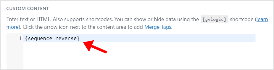 An arrow pointing to the sequence merge tag inside a custom content field