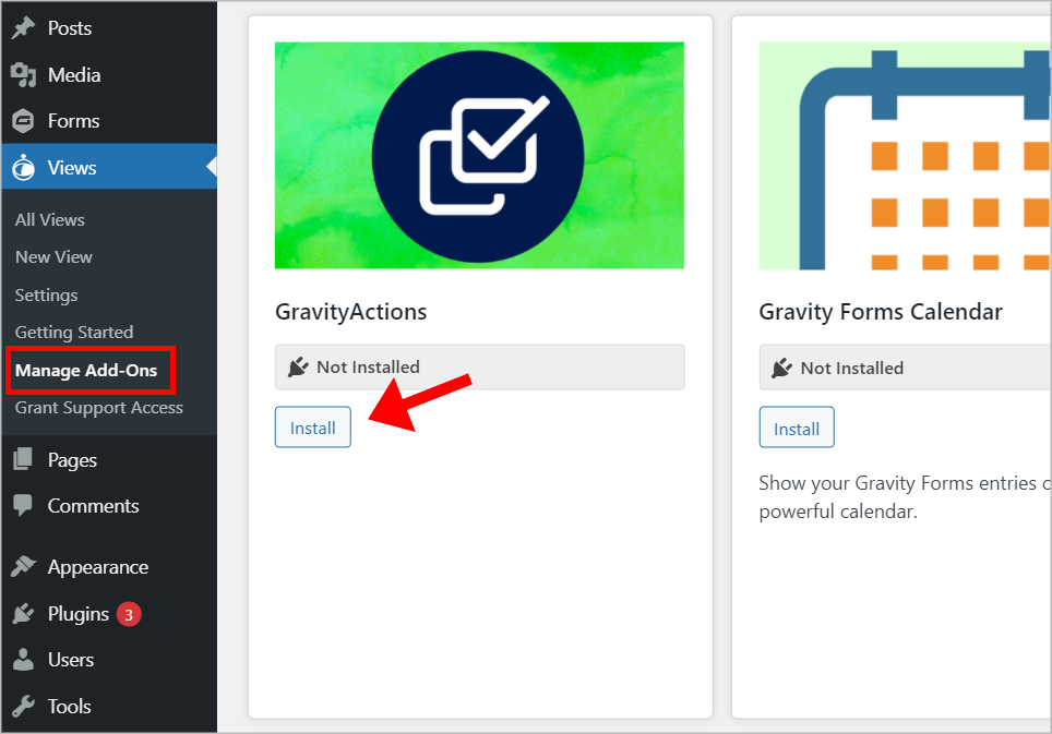 An arrow pointing to the "Install" button underneath GravityActions on the GravityView Manage Add-Ons page