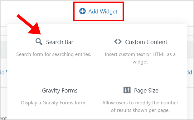 An arrow pointing to the GravityView Search Bar widget