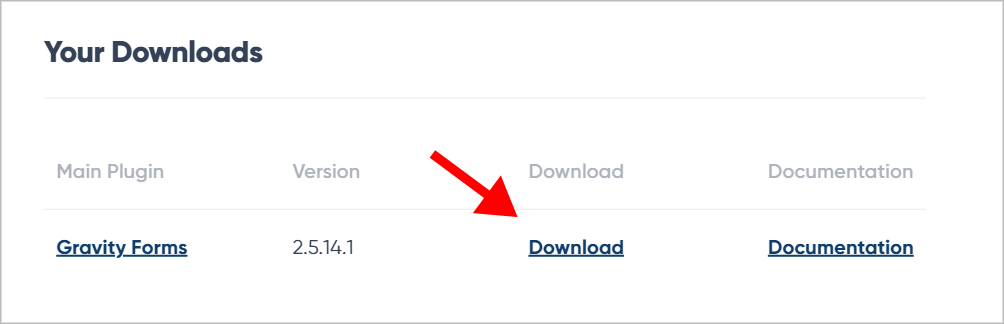 An arrow pointing to the 'Download' link on the Gravity Forms Account page