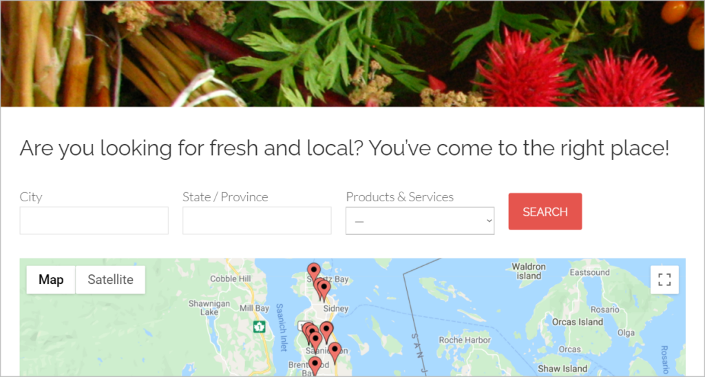 The Farm and Market Trail directory showing locations on a Google Map where you can buy fresh and local produce