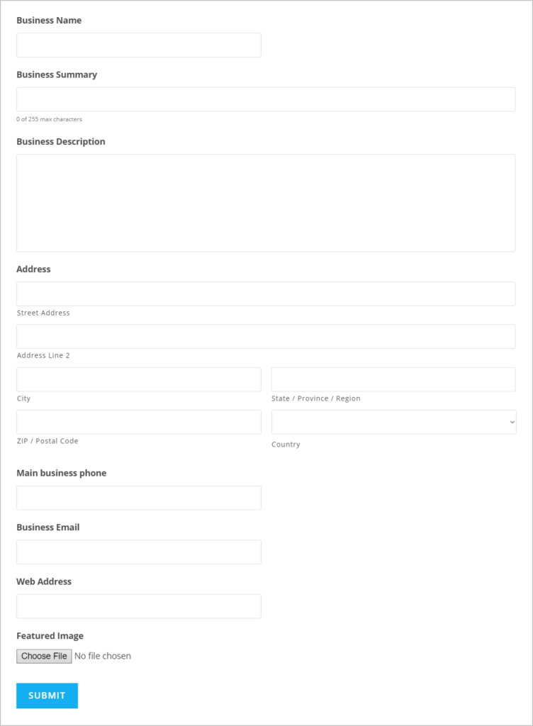 A form with fields for capturing business information such as Business Name, Business Description, Address and more