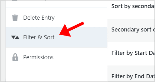 An arrow pointing to the 'Filter & Sort' tab in the GravityView settings