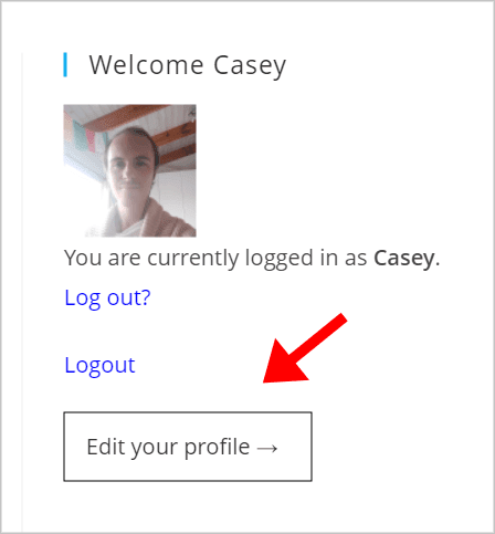 An arrow pointing to a button that says "Edit your profile" underneath the name and profile image of a site member