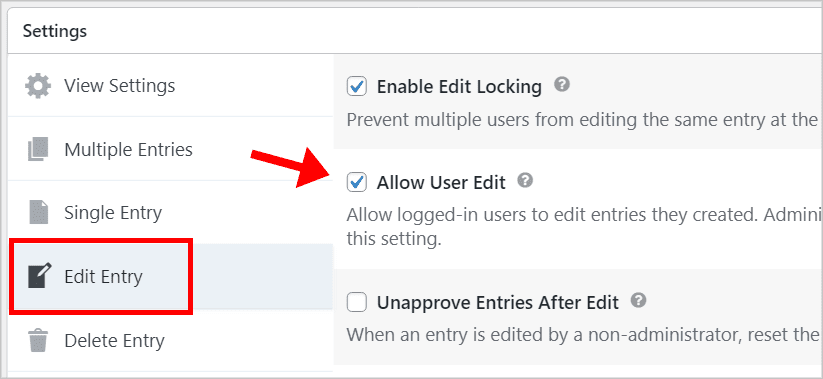 The "Allow User Edit" checkbox in the GravityView Edit Entry settings