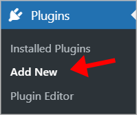 An arrow pointing to the Add New link underneath Plugins in the WordPress admin menu