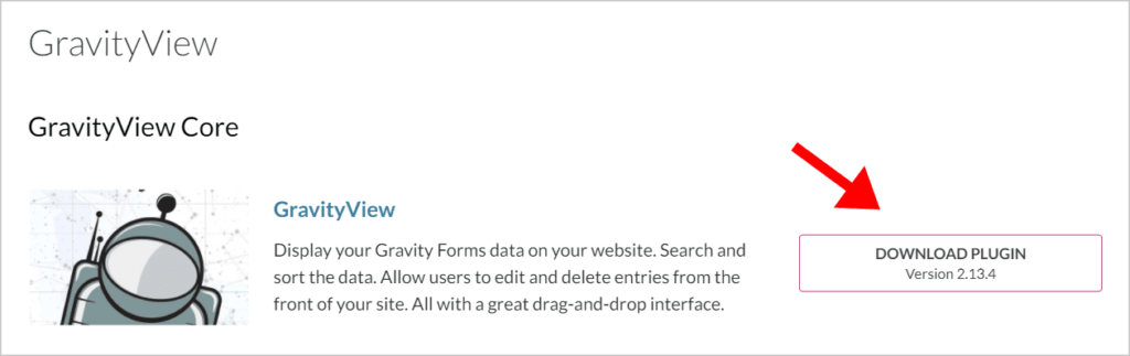 An arrow pointing to the 'Download Plugin' button on the GravityView Account page