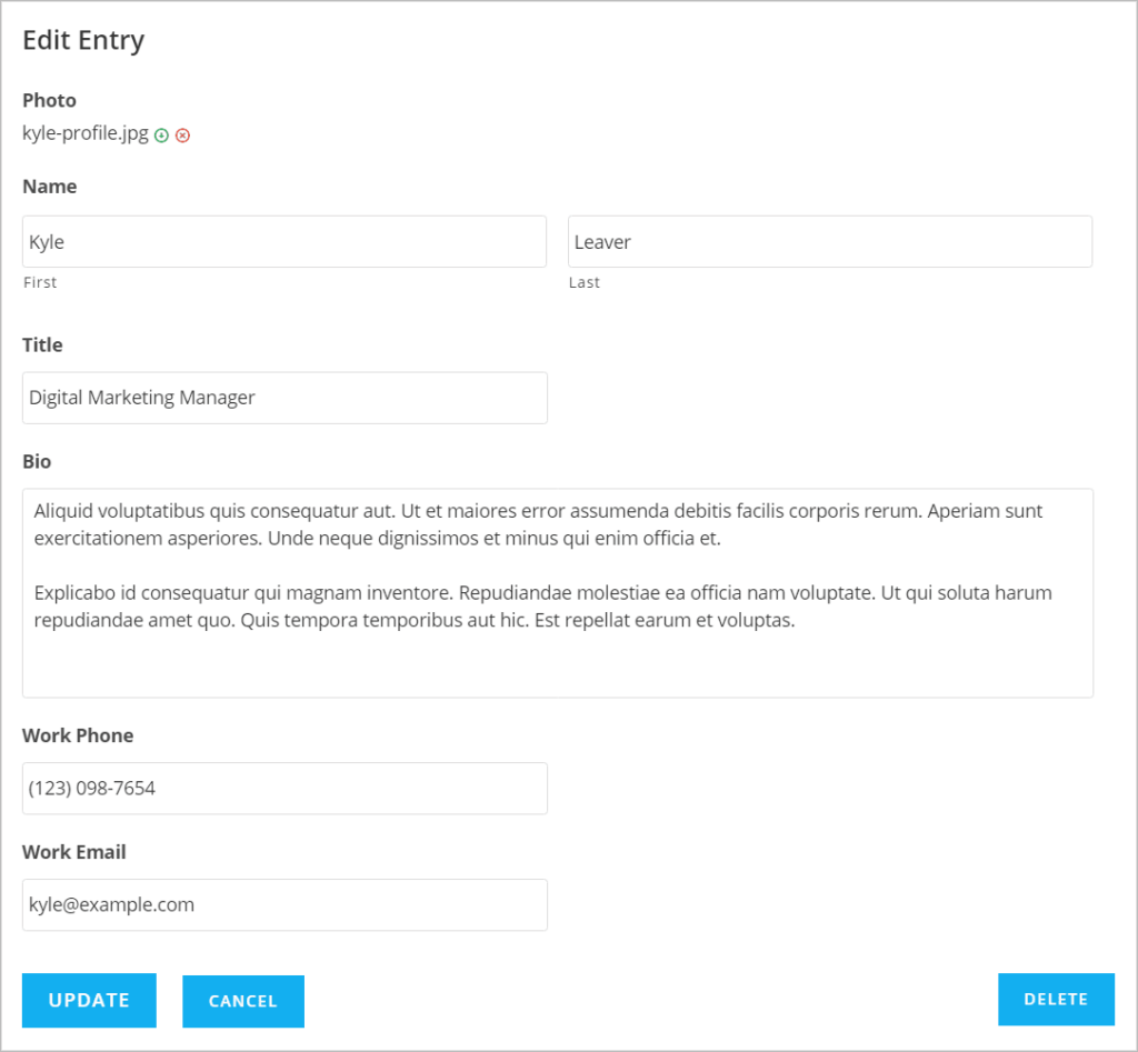 The GravityView Edit Entry page allowing users to edit entries from the front end