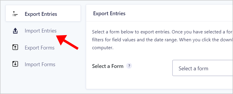 An arrow pointing to the 'Import Entries' tab on the Gravity Forms 'Import/Export' page