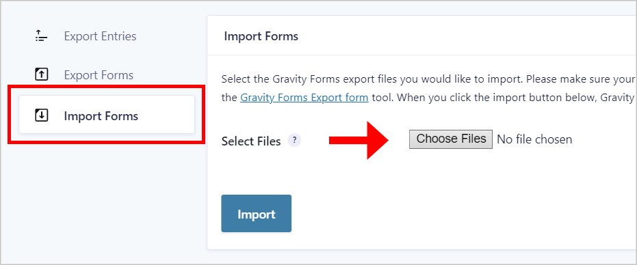 The Gravity Forms 'Import Forms' tab