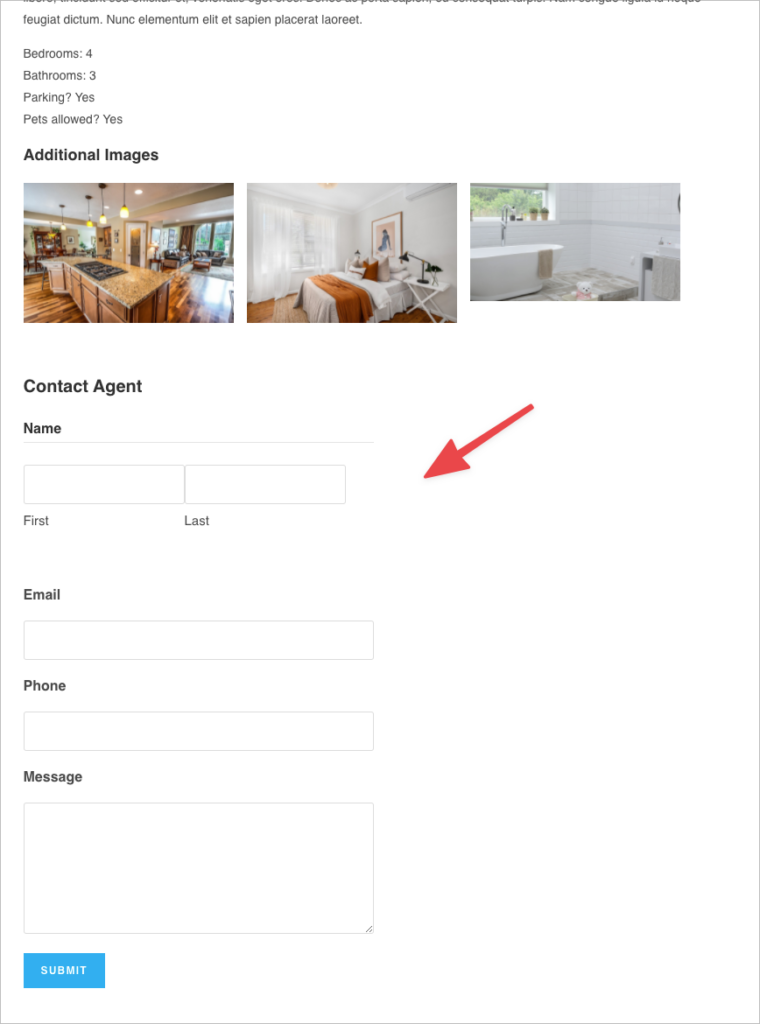The 'Contact Agent' form below the Gravity Forms real estate listing