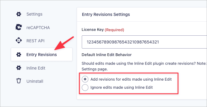 The Entry Revisions settings page in Gravity Forms showing a new option to add entry revisions for edits made using the Inline Edit add-on.
