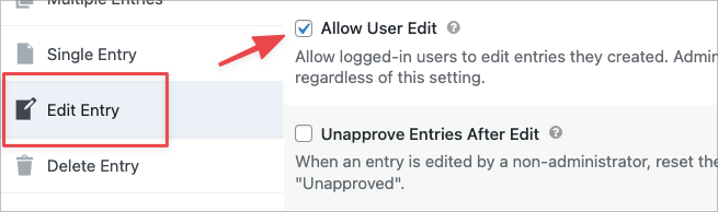 The 'Allow User Edit' checkbox in the Edit Entry settings