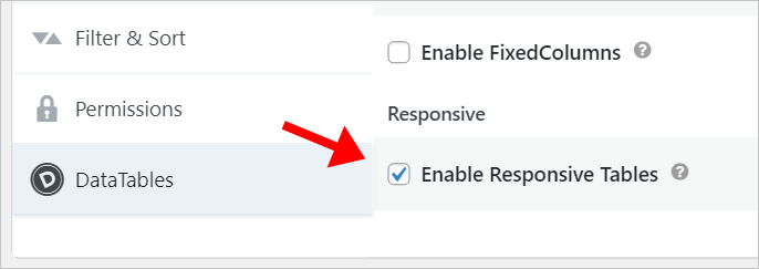 The 'Enable Responsive Tables' checkbox in the DataTables settings