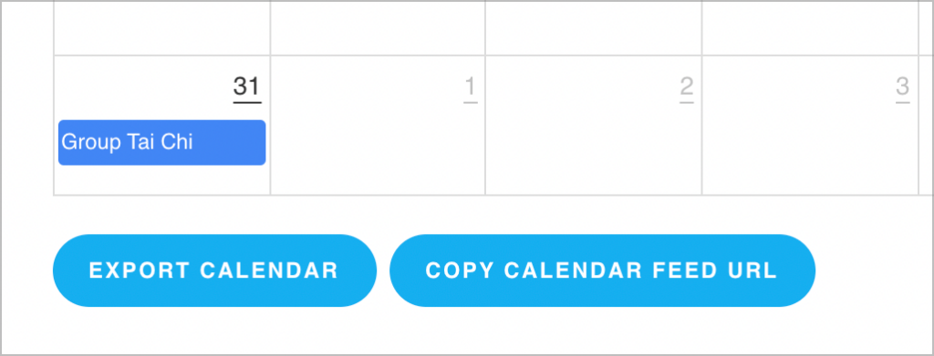 Two buttons below a calendar. One says "Export Calendar" and the other says "Copy Calendar Feed URL".