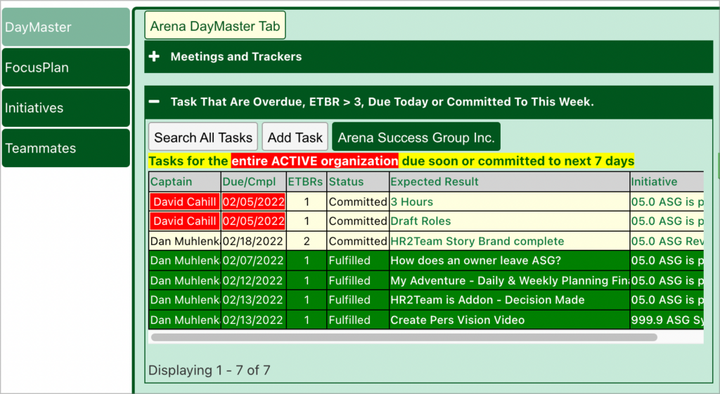 The DayMaster page on the Arena Success Group website showing tasks in a GravityView Table layout