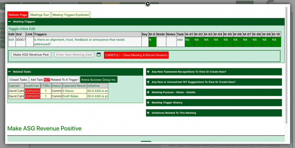 The meeting planner on the Arena Success Group website showing meetings and related tasks displayed with GravityView