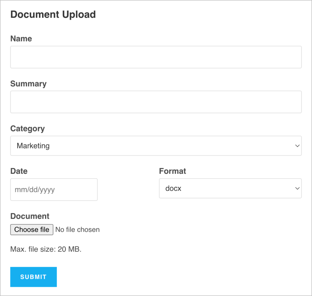 A document upload form allowing you to upload documents to the WordPress document library