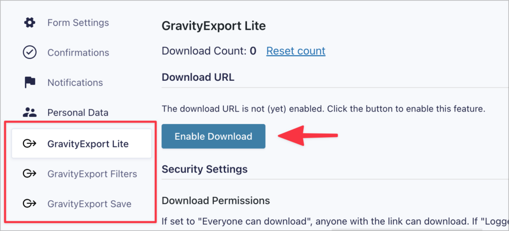 A button that says 'Enable Download' in the GravityExport Lite feed settings