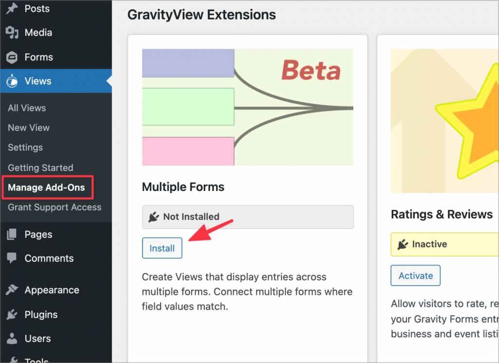 The Install button for the Multiple Forms extension on the GravityView Manage Add-Ons page
