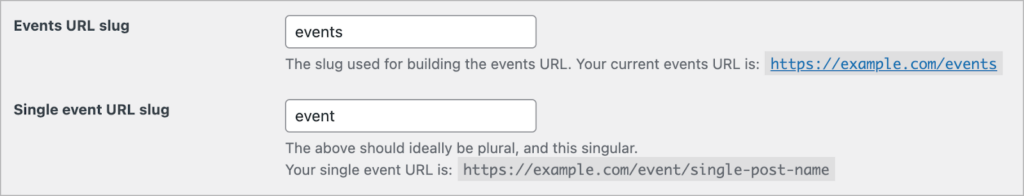 The 'Events URL slug' input box in The Events Calendar settings