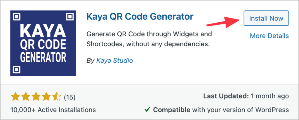 The Kaya QR Code Generator plugin showing more than 10,000 installs