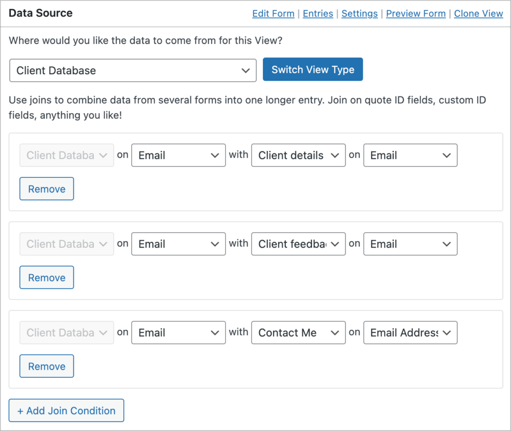 Joining multiple forms together as the data source for a single View.
