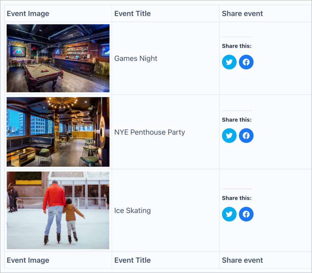 A list of events with social sharing buttons allowing users to share them on Twitter and Facebook