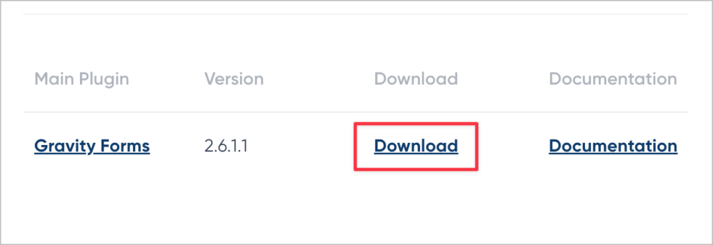 The download link on the Gravity Forms account page