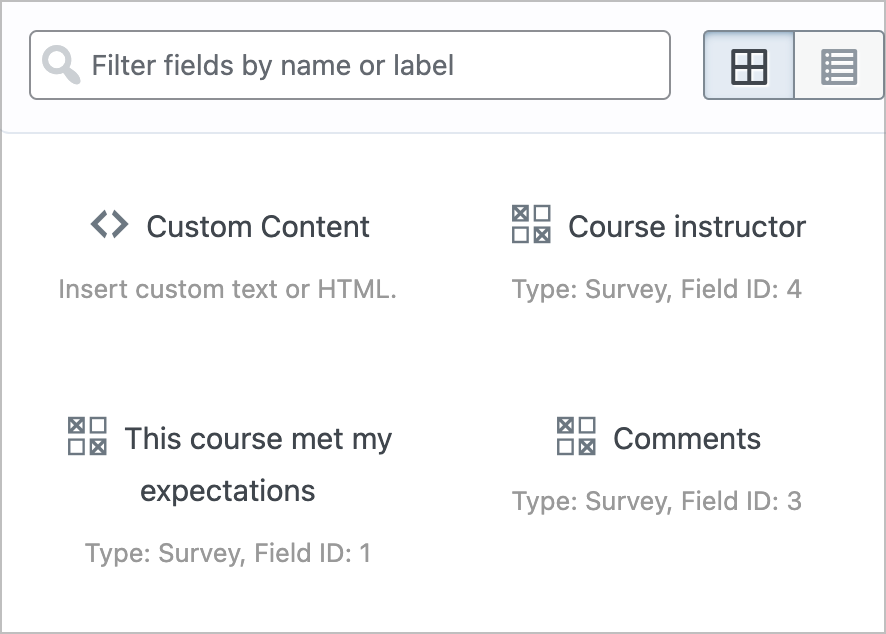 List of Survey fields able to be added to a View