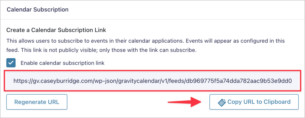 A button that says 'Copy URL to Clipboard' underneath the Calendar feed link