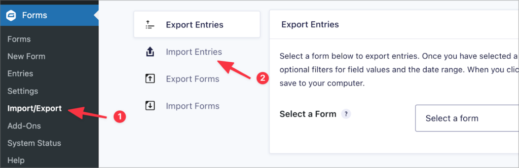 The 'Import Entries' tab on the Gravity Forms Import/Export page in WordPress
