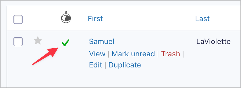 A green checkmark next to an entry on the Entries page