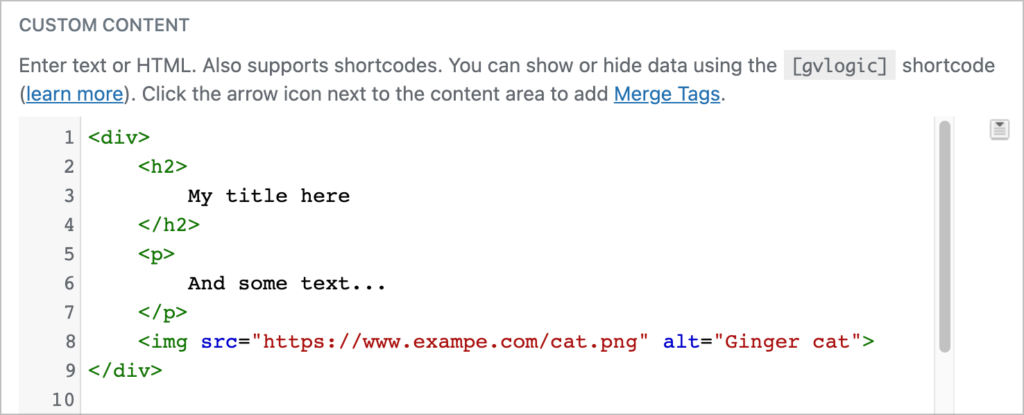 Custom HTML code inside the Custom Content text editor