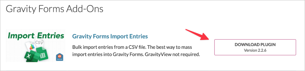 The 'Download Plugin' button next to Gravity Forms Import Entries on the GravityView Account page