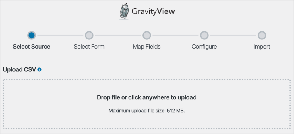 The GravityView Import Entries screen with a box that says 'Drop file or click anywhere to upload'