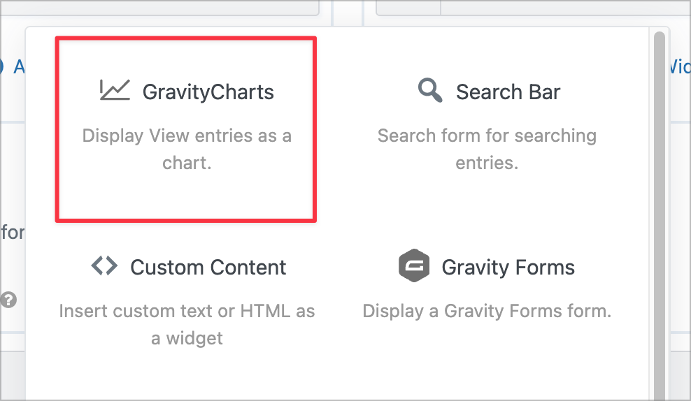 The GravityCharts widget in the widget list in the GravityView View editor