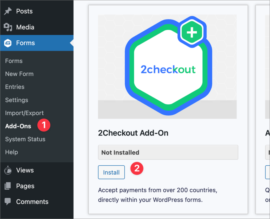The Install button for the 2checkout add-on on the Gravity Forms Add-Ons page in WordPress