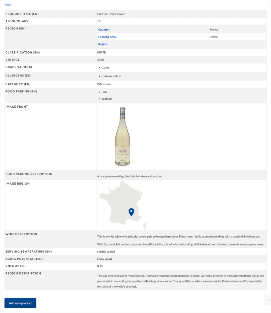 The Single Entry page containing additional product information