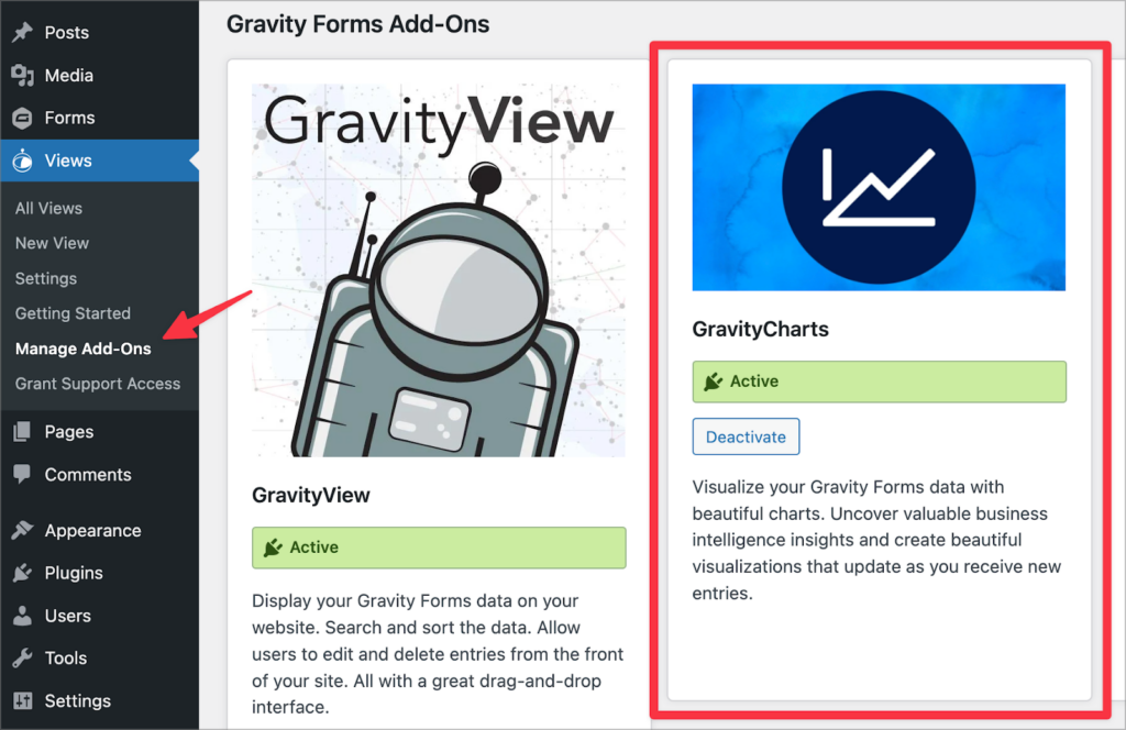 The GravityCharts plugin preview on the Manage Add-Ons screen