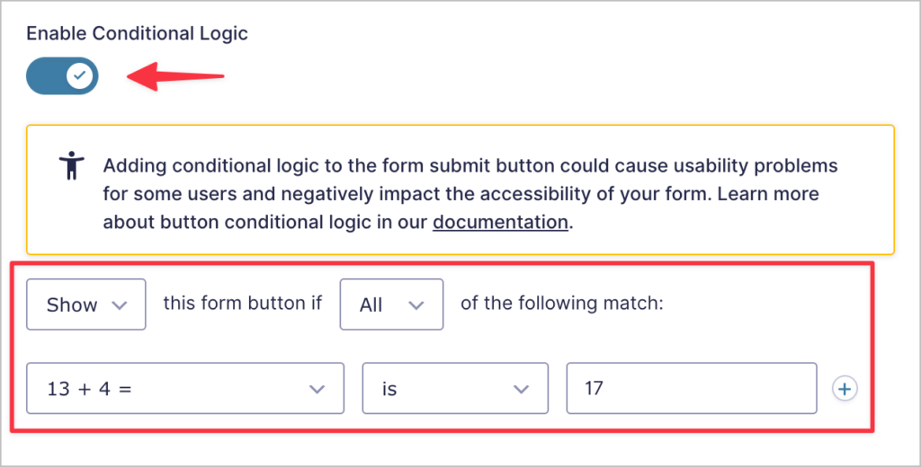The submit button conditional logic settings in Gravity Forms